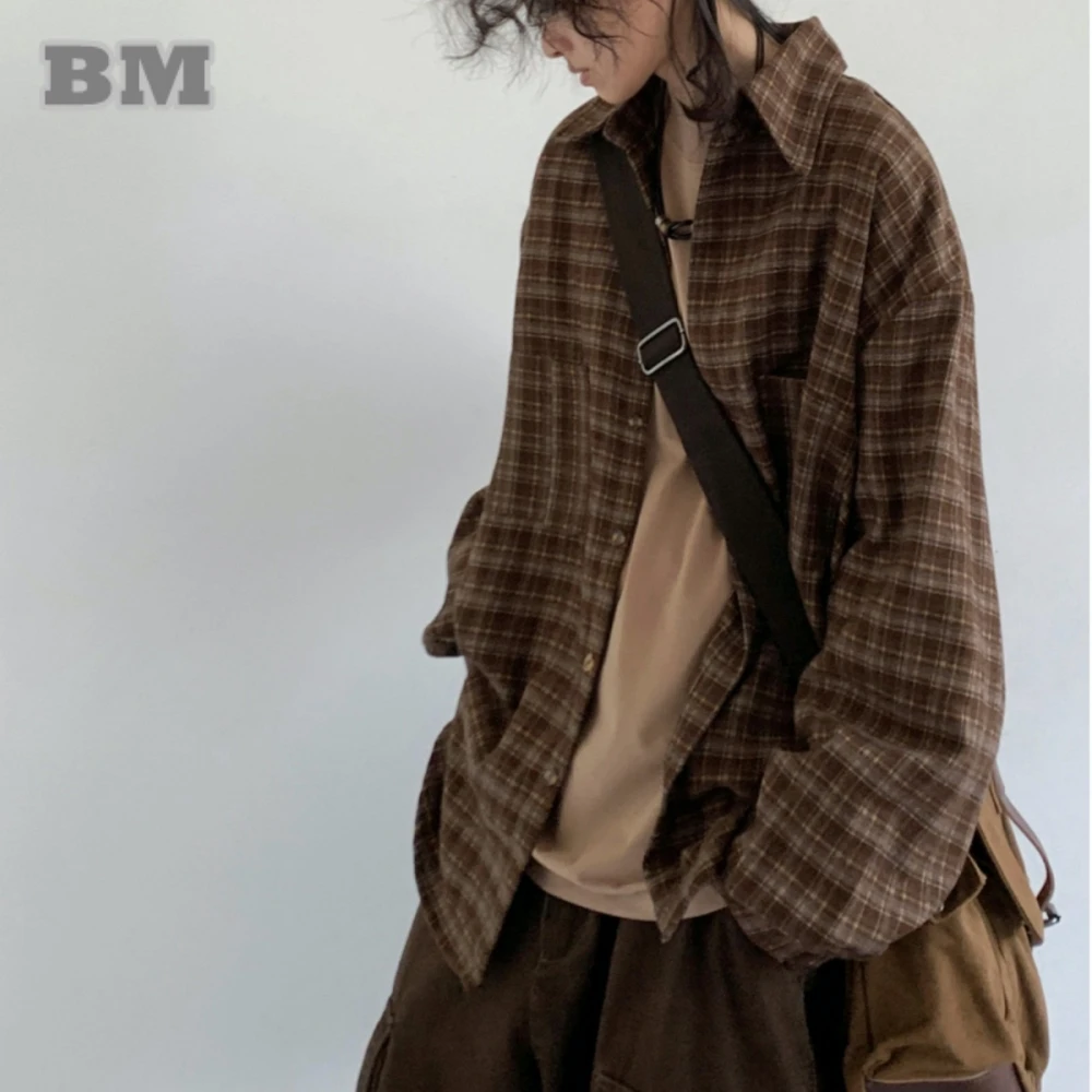 Japanese Streetwear Vintage Plaid Shirts For Men Women High Quality Fashion Coat Casual Couple Shirt Autumn Harajuku Tops Male