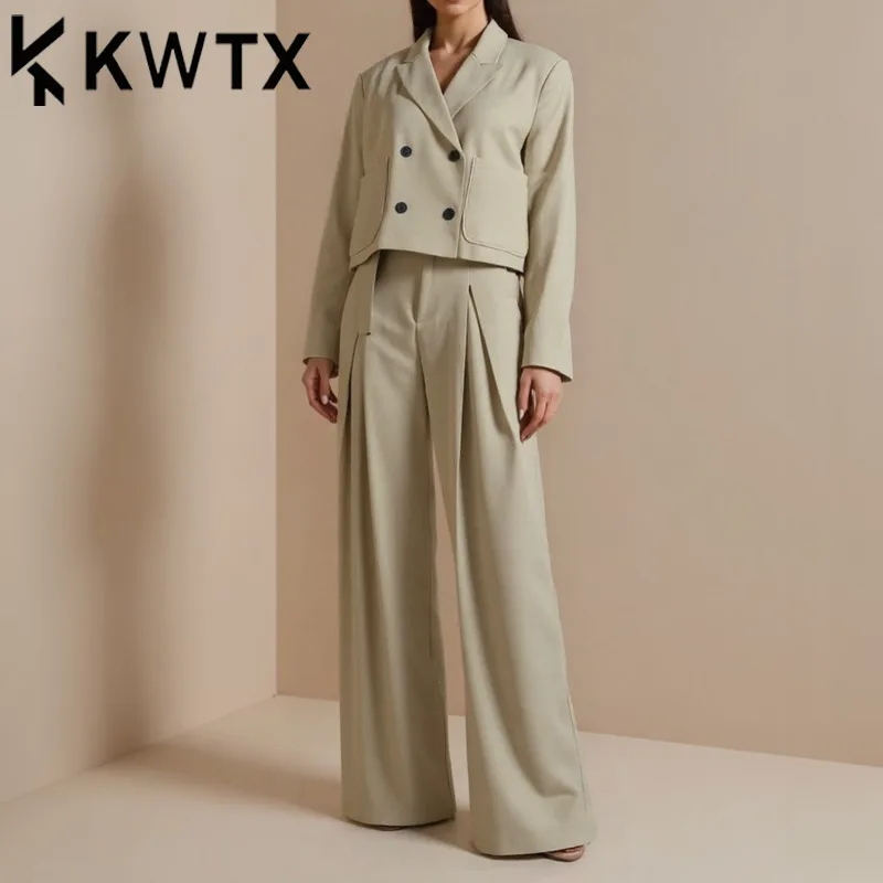 

KWTX Женский повседневный брючный костюм из двух предметов, однотонный двубортный пиджак и широкие брюки с поясом, элегантный дизайнерский модный костюм SS25
