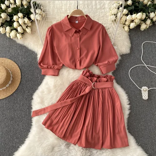 Imagen 1 del producto Conjunto de dos piezas para mujer, Top corto con cuello vuelto, camisa, minifalda plisada, chándal, trajes de salón y Club, ropa de calle