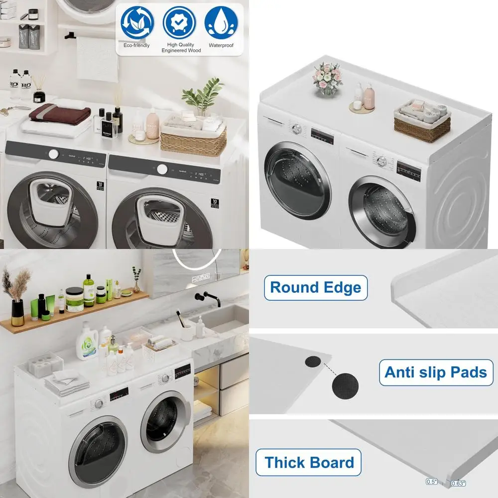 

Laundry Room Wood Countertop with Edge Rails, 27.5 x 54 White, for Washer Dryer Storage and Organization