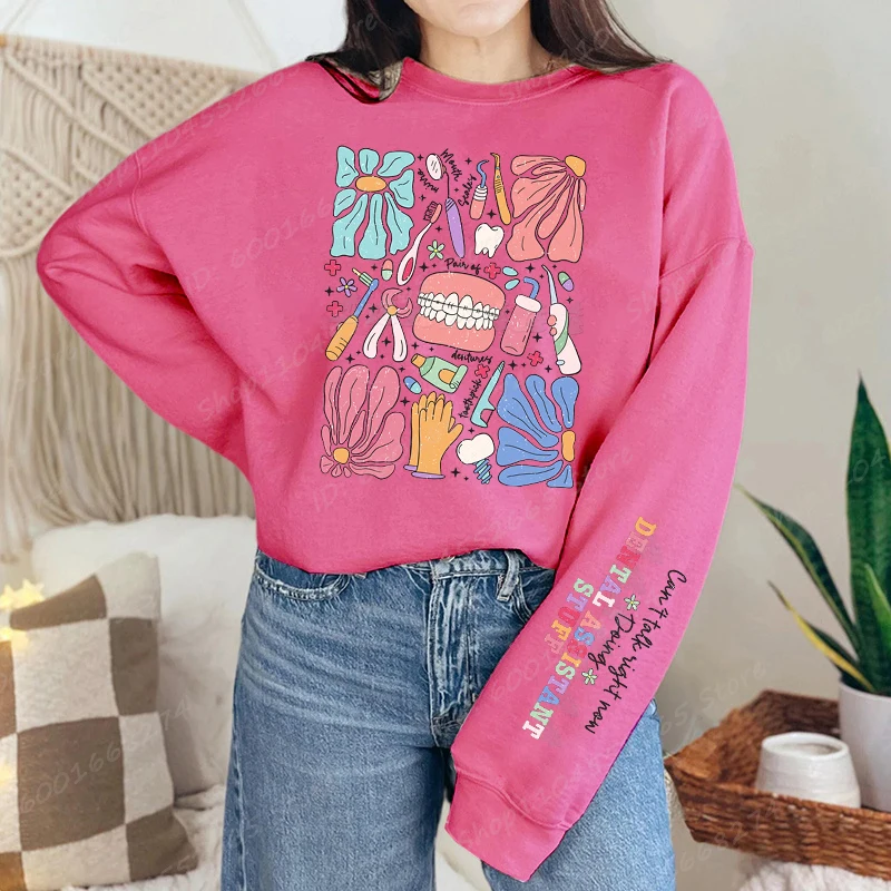 Divertida camiseta con estampado de cosas de asistente Dental para mujer, sudadera de gran tamaño, jerséis de manga larga a la moda, Tops de talla grande, sudadera sin capucha