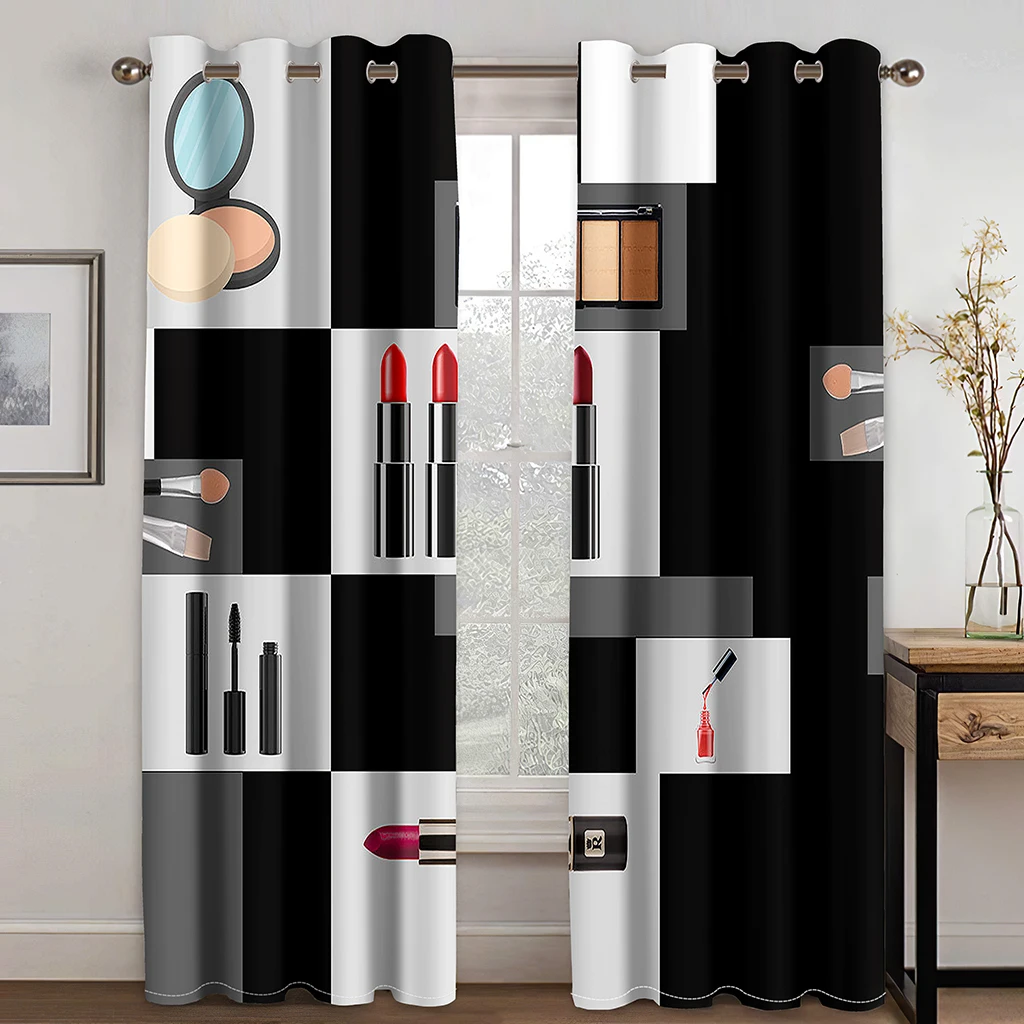 

2pcs Curtains For Beauty Salons Simple Red Lips Makeup Brush Grommet Top Fabric Curtains Decor For Living Room Office Home Deco