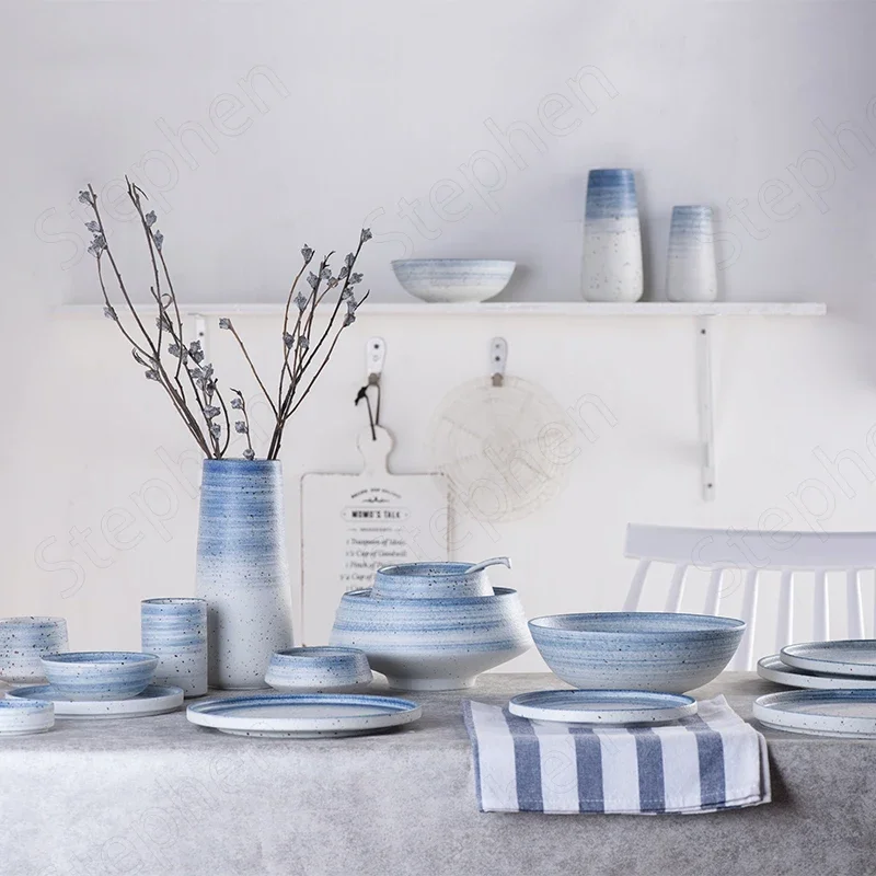 Ink Blue Stoneware Dinner Set Plates and Dishes Simple Modern Rhyme Sesame Glaze Plates and Bowls Nordic Household Tableware