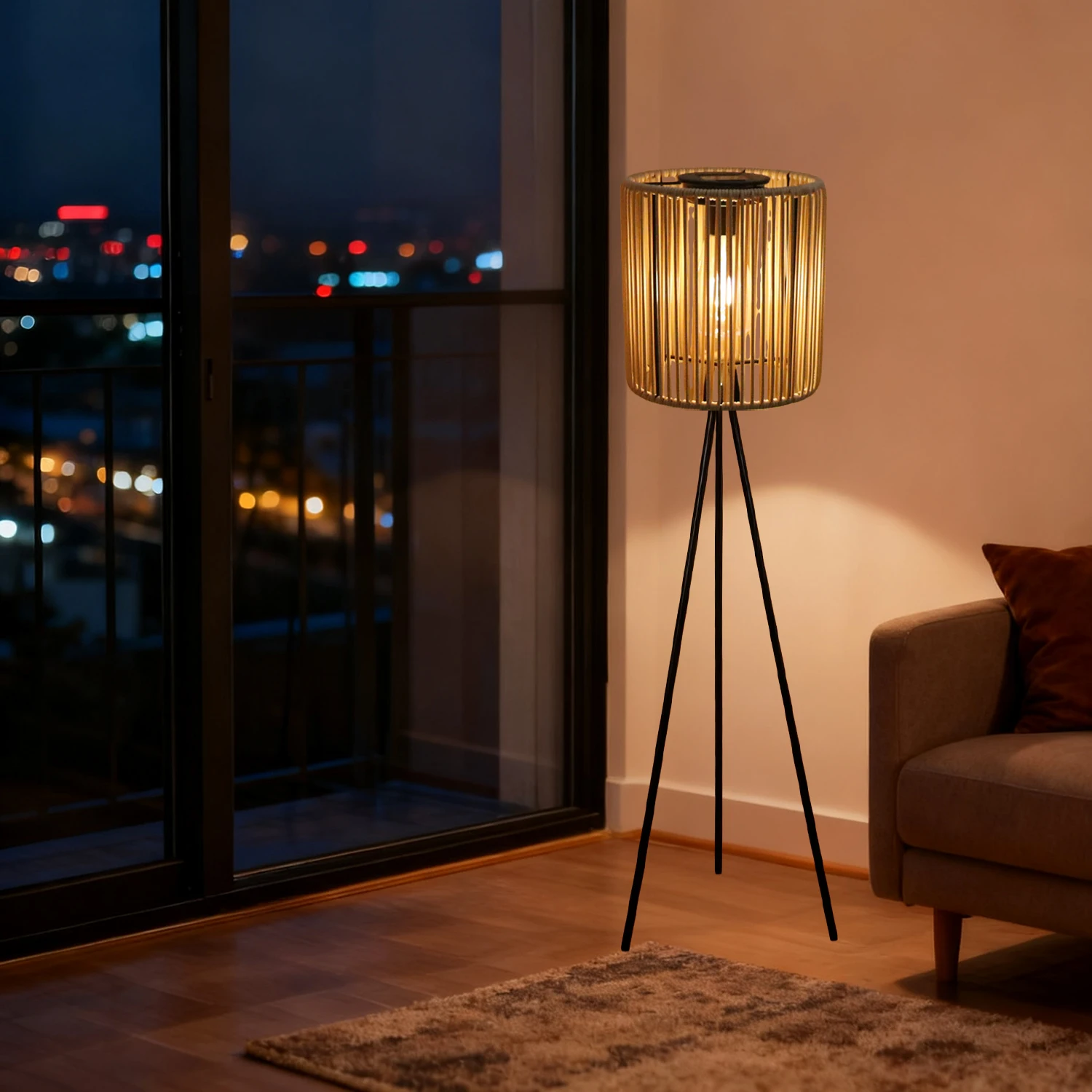 A Handmade Rattan Solar-Powered Floor Lamp, No Electricity Needed, Outdoor Courtyard and Garden Decoration, Path Decoration, a