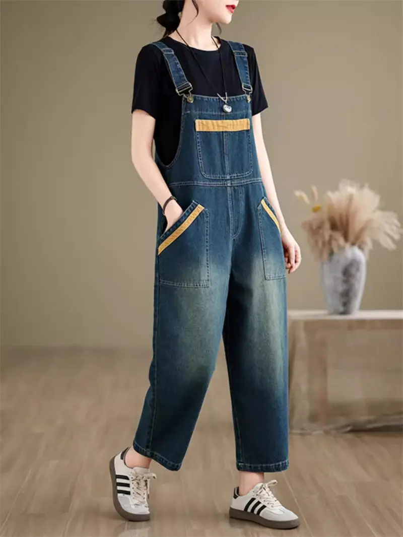 Leisure Matching Color Matching Denim Jeans Jumpsuit For Women 2024 Spring Summer Loose Slim Fashion Overall Strap Pants K980