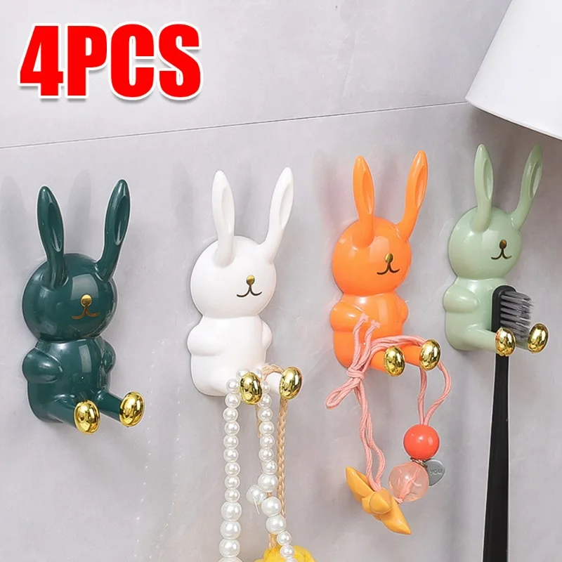 1/4PCS Cartoon Rabbit Toothbrush Holder Wall Mounted Punch-free Self Adhesive Key Plug Storage Rack Kitchen Bathroom Organizer