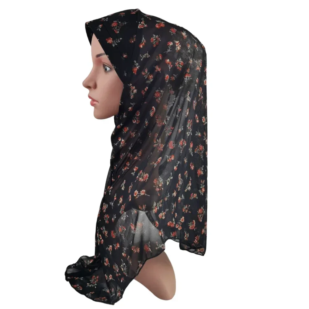 Floral Print One Piece Amira Muslim Hijab Women Big Girls Headscarf Pull On Ready Made To Wear Islamic Head Wrap Turban Hat Cap