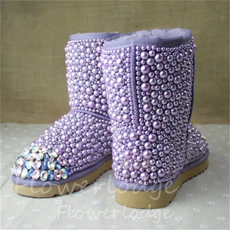 Hand custom full diamond-purple pearl tube plus velvet fur one large size leisure snow boots women's cotton shoes 35-44