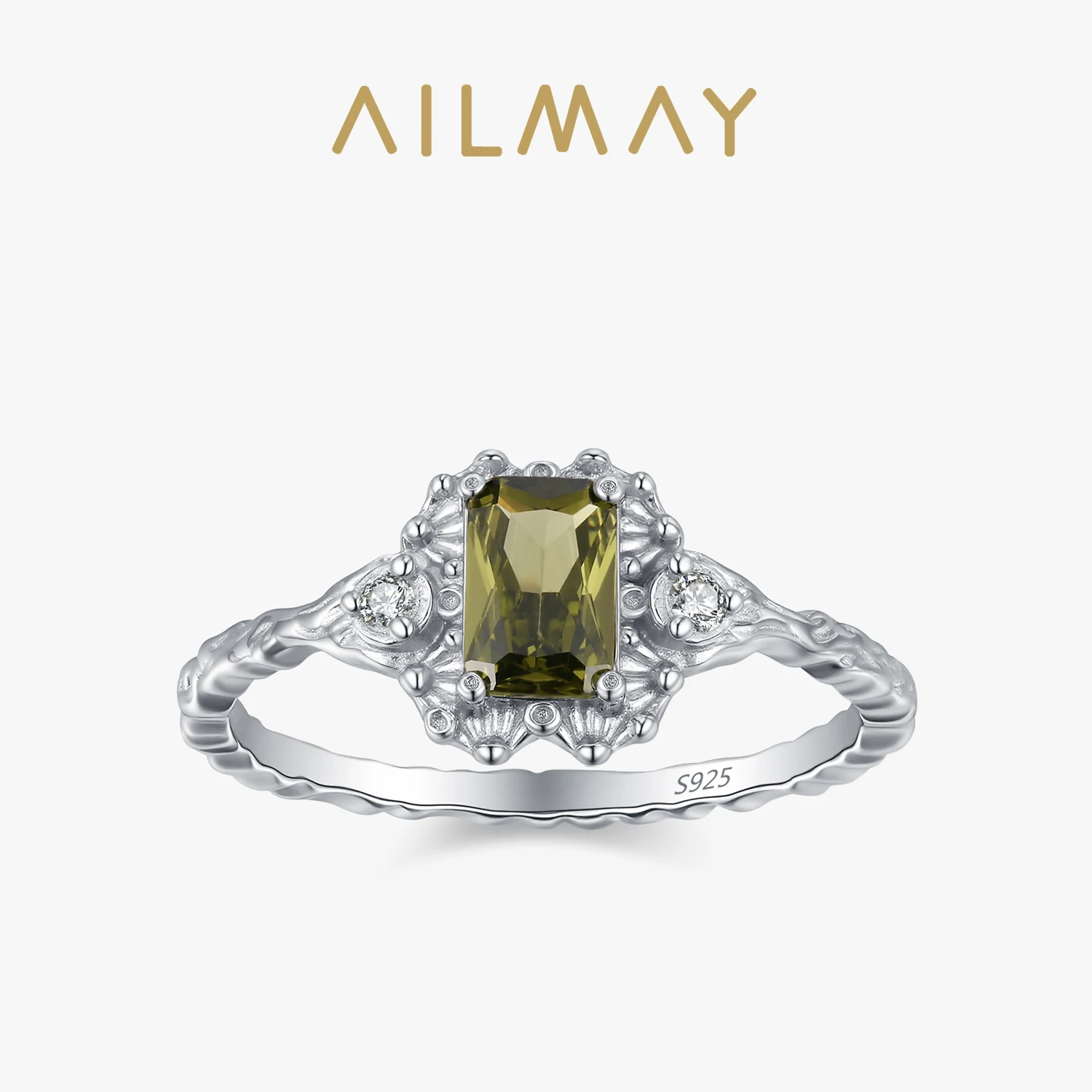 

Кольца Ailmay Fashion прямоугольной формы с оливково-зелеными цирконами, винтажные, из серебра 925 пробы, обручальные кольца, ювелирные украшения для женщин