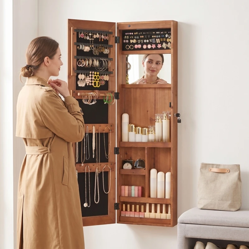 

Solid Wood Jewelry Armoire Organizer Cabinet with Full-Length Mirror, 47.5x14.3 in Wall-Mounted Lockable with LED Light