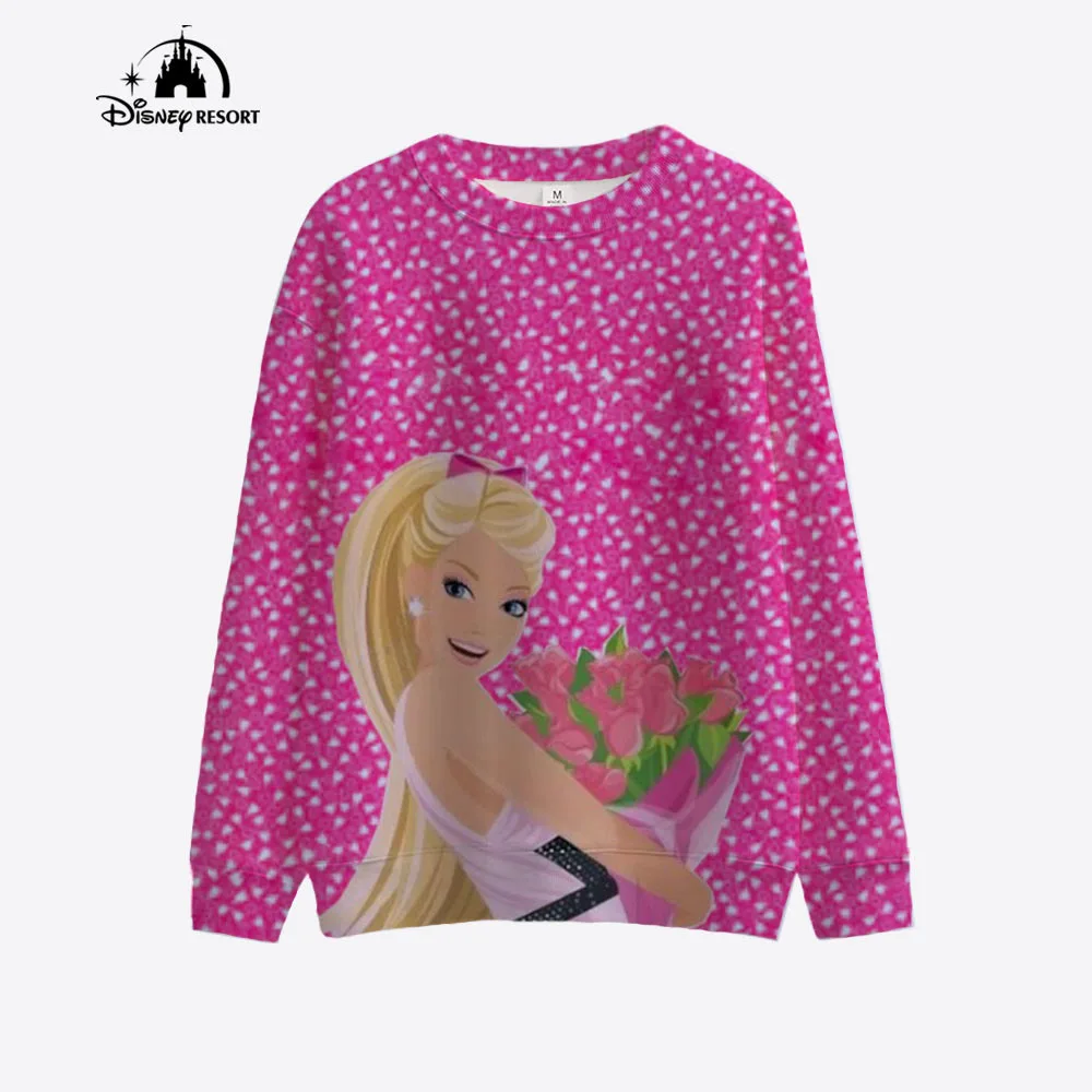 2024 New Barbie Princess Printed Spring and Autumn Round Neck Hoodie Casual Long Sleeve Round Neck Hoodie Pink Christmas Gift