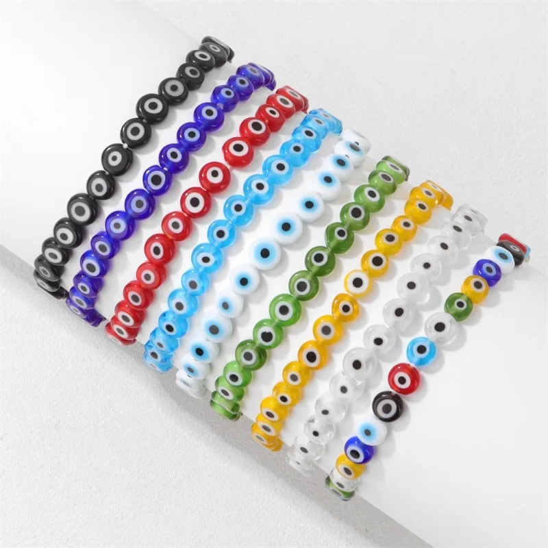 

10pcs Evil Eye Elastic Bracelet 8mm Flat Glass Beads with Eye Pattern Unisex Matching Friendship Women Men Jewelry Wholesale