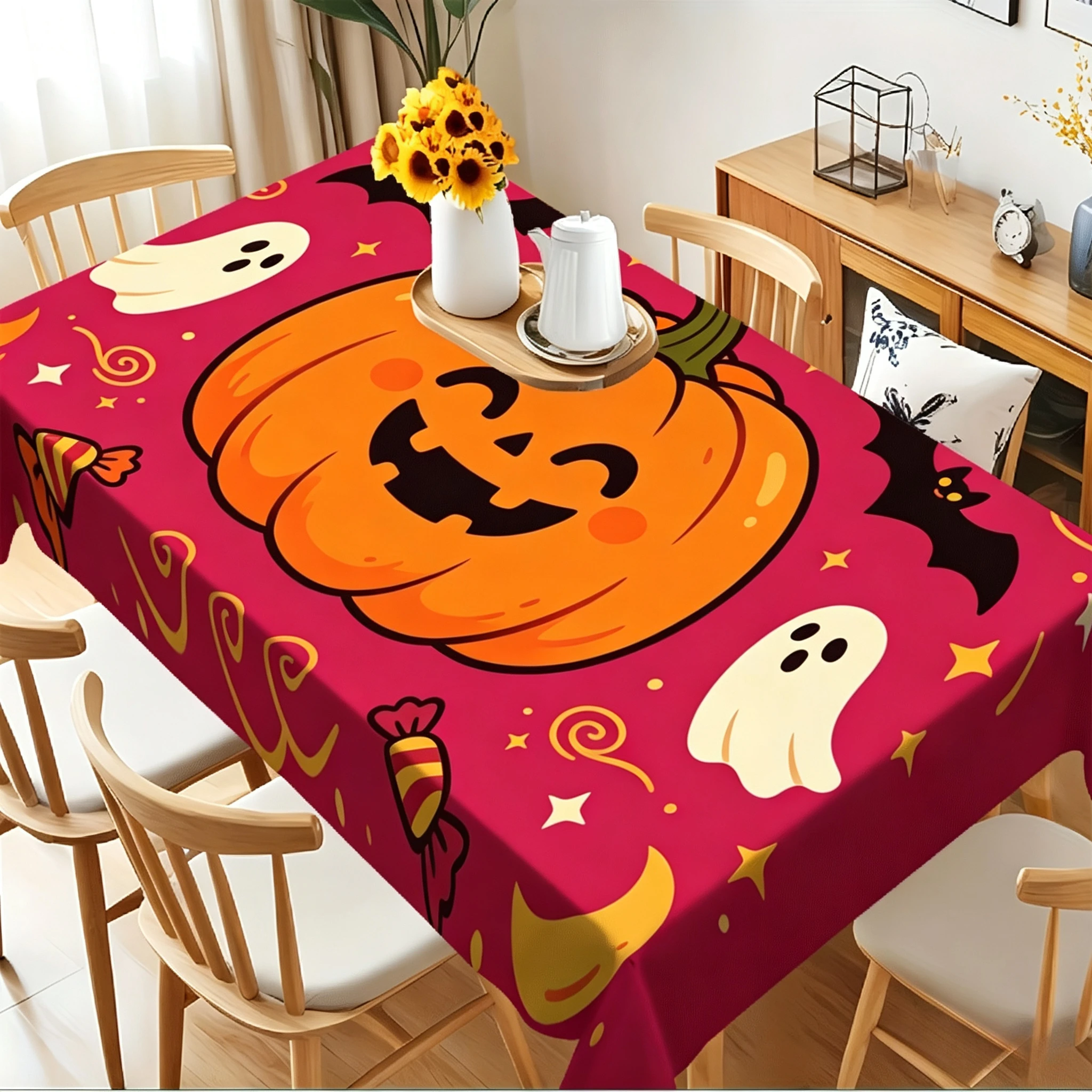 Red Cute Jack O Lantern Ghost Candy Halloween Table Cloth Rectangle Waterproof Tablecloth for Halloween Party Picnic Patio Decor