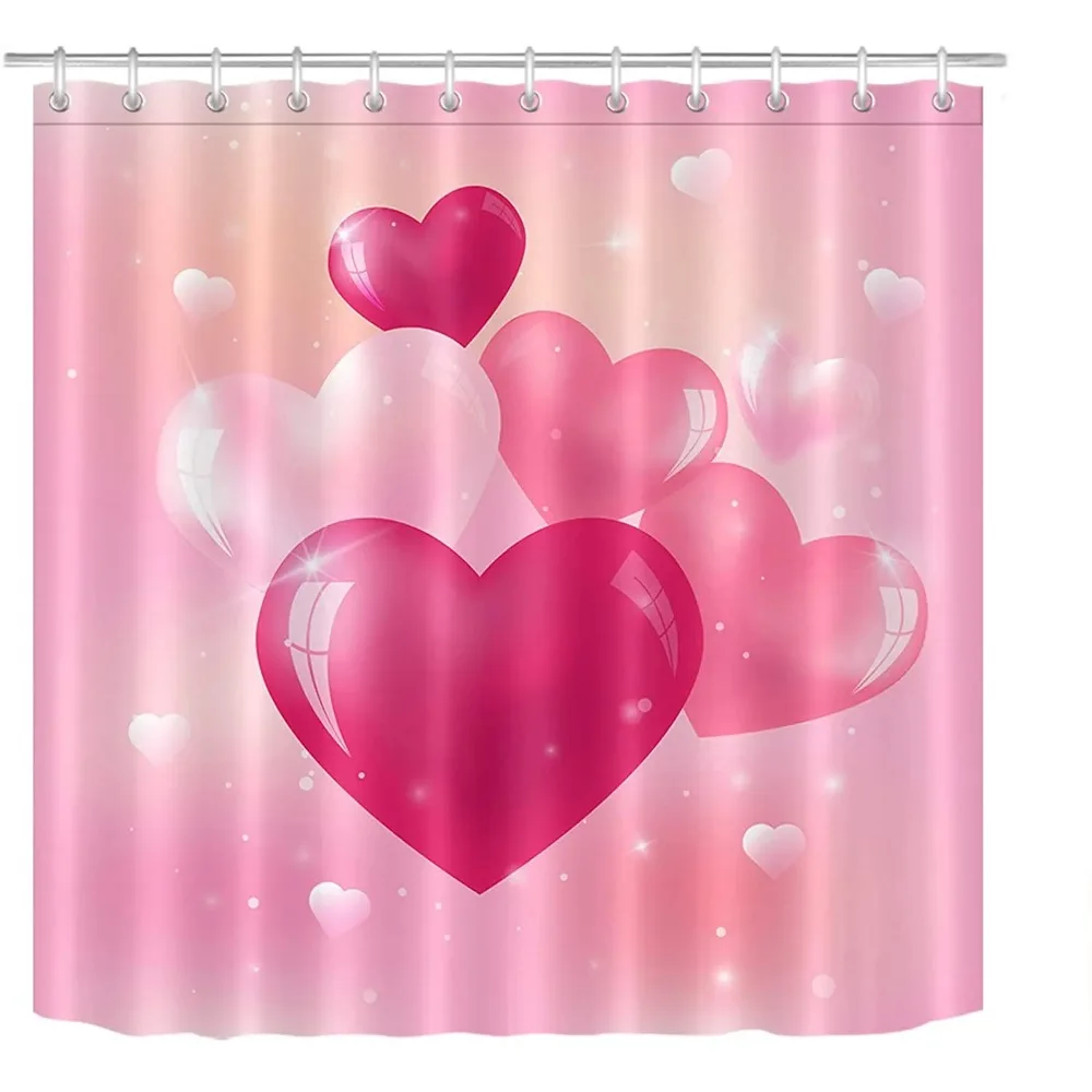 Valentines Day Shower Curtain Set Bright Glass Hearts in Pink Bathroom Curtain with Hooks 72x72 Inch Waterproof Polyester Fabric