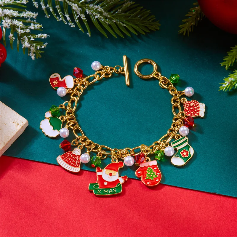 Fashion Santa Claus Snowflake Elk Christmas Tree Pendant Bracelet For Women Adjustable Christmas Bracelet Charm Party Jewelry