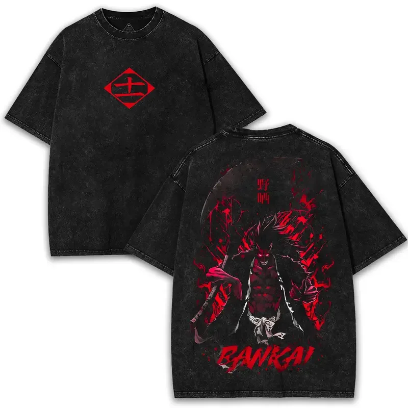 Manga BLEACH Zaraki Kenpachi Graphic T-shirt Vintage Washed Oversized T Shirt Men Women Clothing Pure Cotton Short Sleeve Tees