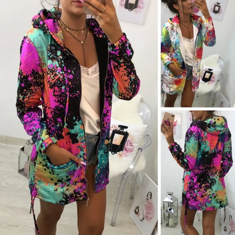 

New European and American Women's Clothing Large Size Loose Women's Sweater Printed Hooded Medium and Long Sleeved Jacket Women