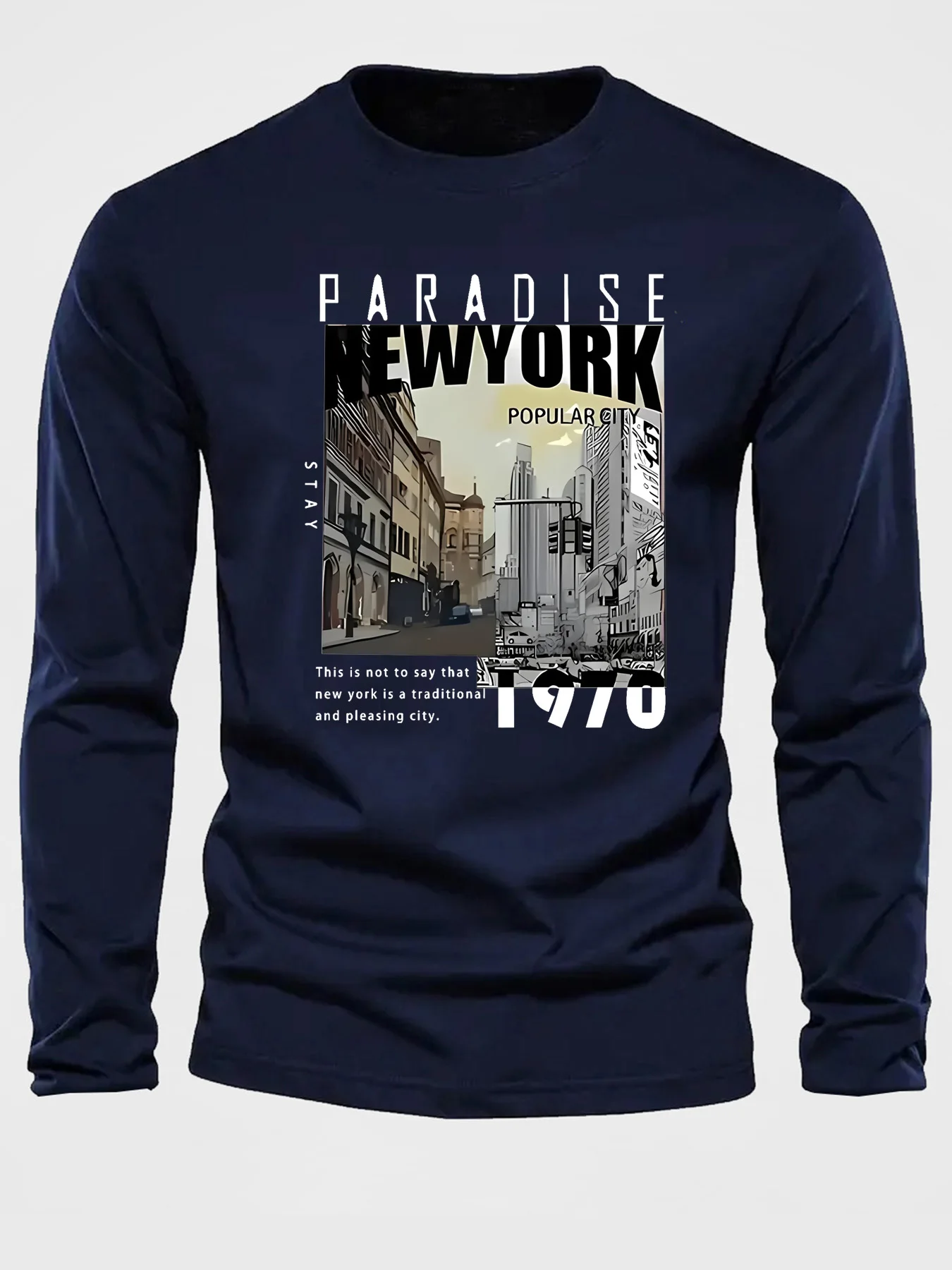 100% Cotton Men's Long Sleeved Round Neck Loose New York City Pattern Printed Autumn and Winter Casual Versatile T-Shirt Top