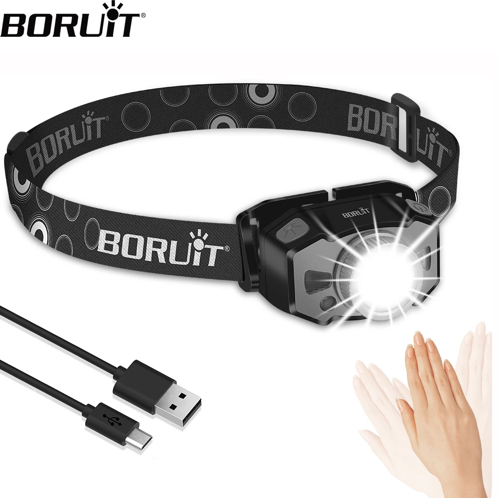 BORUiT-Mini faro LED B33 con Sensor de movimiento, luz roja XP-G2 3030, Zoom, recargable por USB linterna de cabeza, linterna de pesca