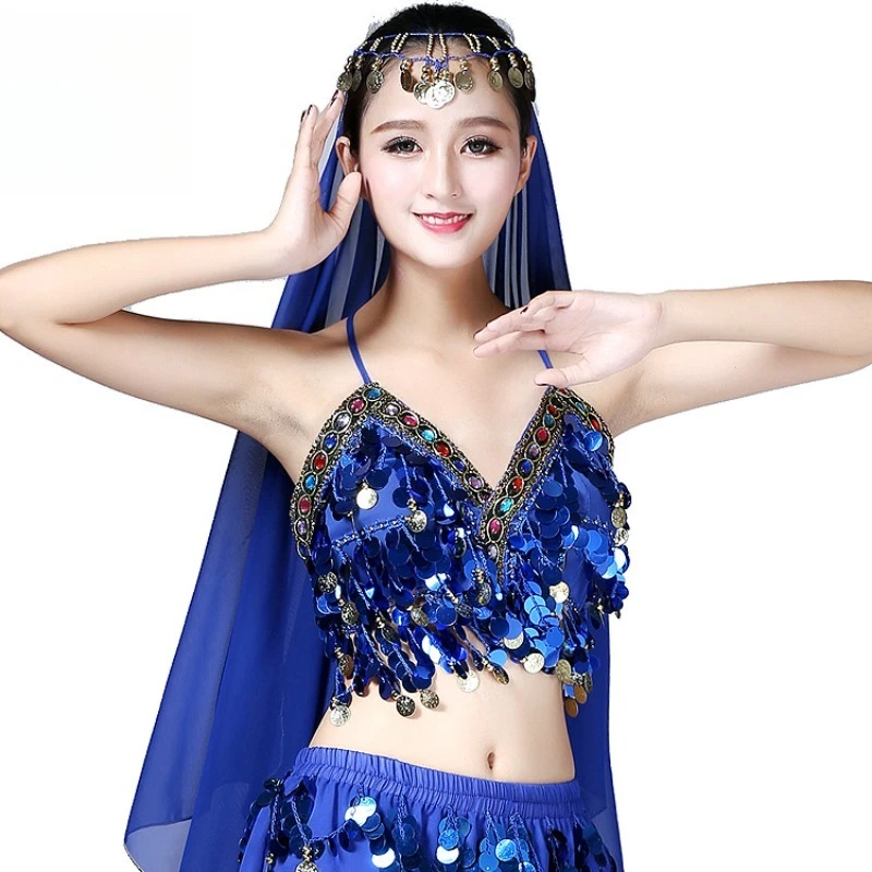 Ladies Belly Dance Bra Top Colorful Sequins Fringe V-Neck Spaghetti Strap Mesh Base Stage Performance Costume
