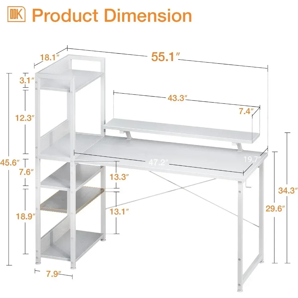 55 Inch Computer Desk with Storage Shelves and Monitor Stand, Writing Desk with Bookshelf, Reversible Study Table