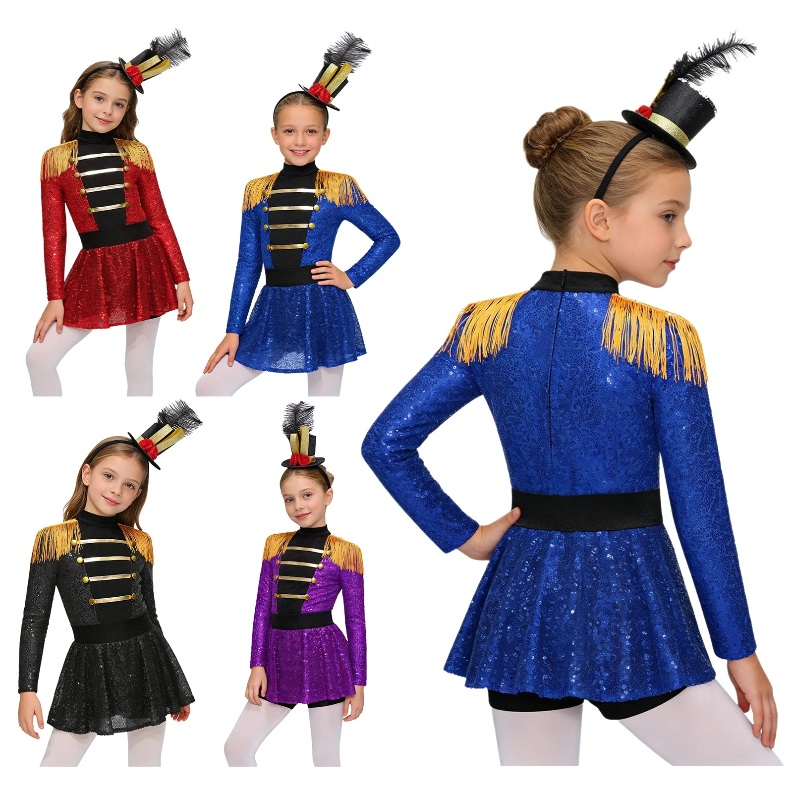 Girls Circus Performance Costume Halloween Ringmaster Jumpsuit Sequins Leotard Dress with with Feather Headband Outfit Magician