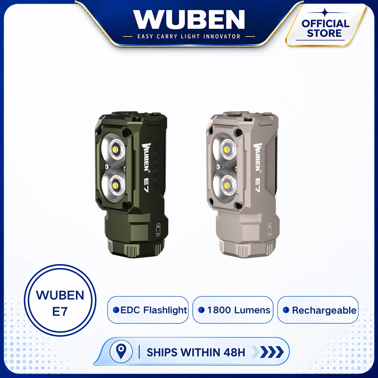 Lanterna Mini Recarregável WUBEN E7 1800 Lúmens com Ímã - Super Brilhante, 6 Modos, Verde Exército, Lanterna EDC, Recarregável via Tipo-C