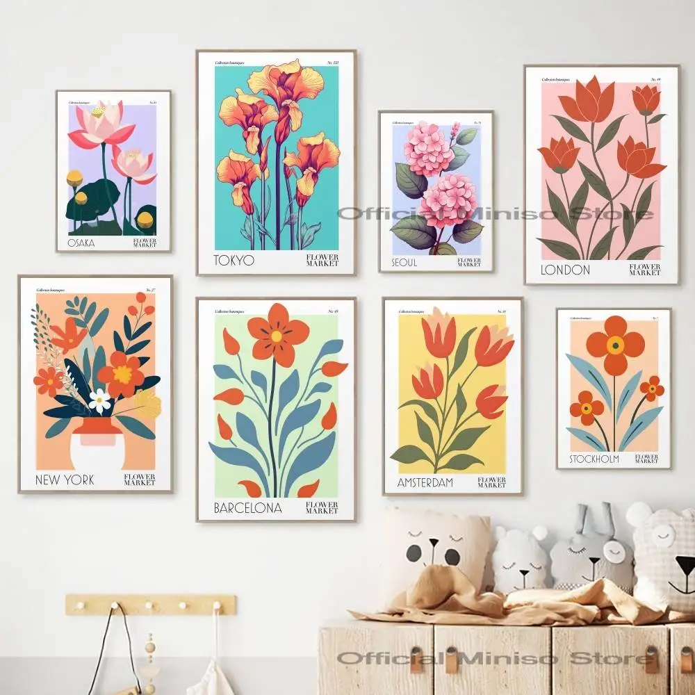 Minimal City Floral Market Poster Flower Leaf Illustration Pastel Background Boho Living Room Unframed Wall Decor Art