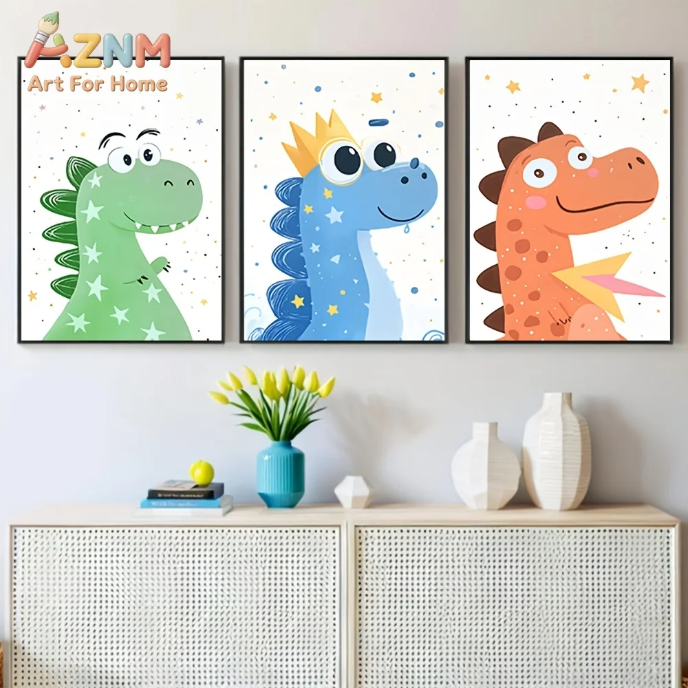 AZNM Cute Cartoon Dinosaur Canvas Wall Art Colorful Star Dino Pattern Frameless Canvas Painting Nursery Kids Room Home Decor Pos