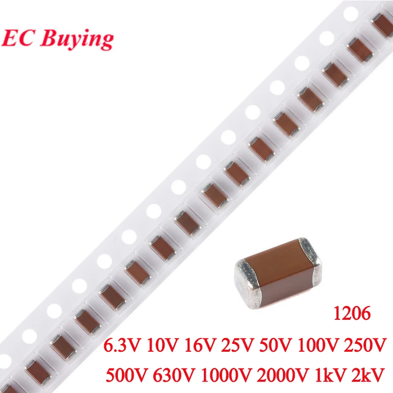 

100pcs 1206 3216 SMD Chip Multilayer Ceramic Capacitor 0.5pF - 100uF 10pF 100pF 1nF 10nF 15nF 100nF 0.1uF 1uF 2.2uF 4.7uF 10uF