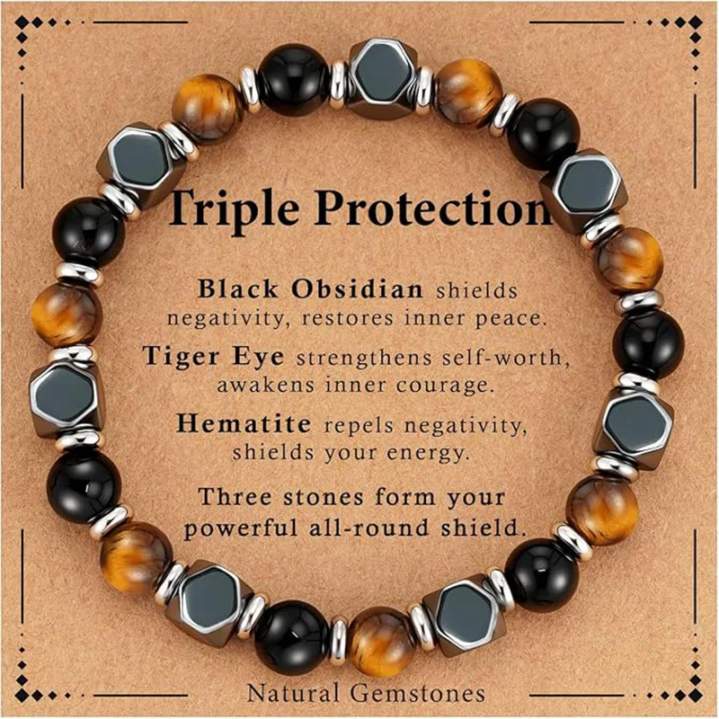 1Pc Triple Protection Beaded Bracelet, Tiger Eye Stretch Bracelet, Handmade Energy Stone Wristband Jewelry for Men Git