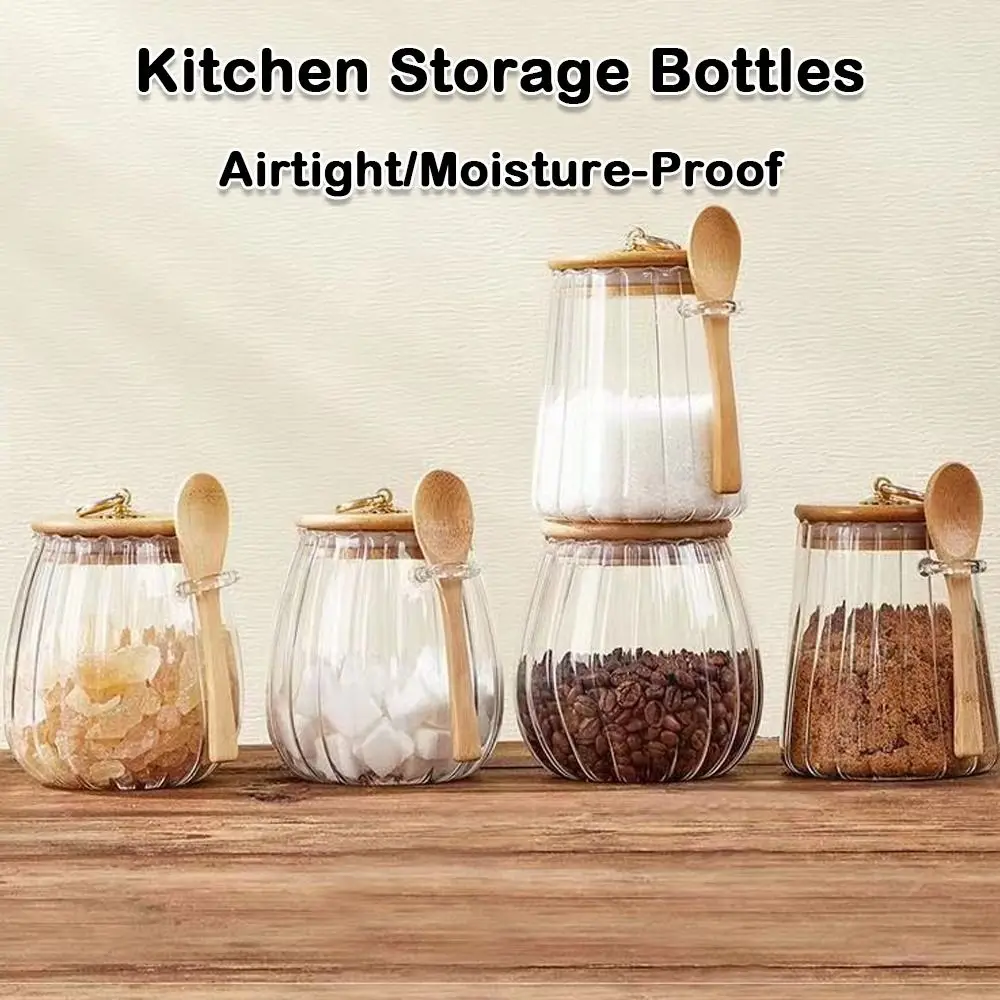 

Прочный прозрачный контейнер для пищевых продуктов с ложкой, деревянной крышкой, кухонные бутылки для хранения, влагостойкая стеклянная герметичная канистра для сахара и специй
