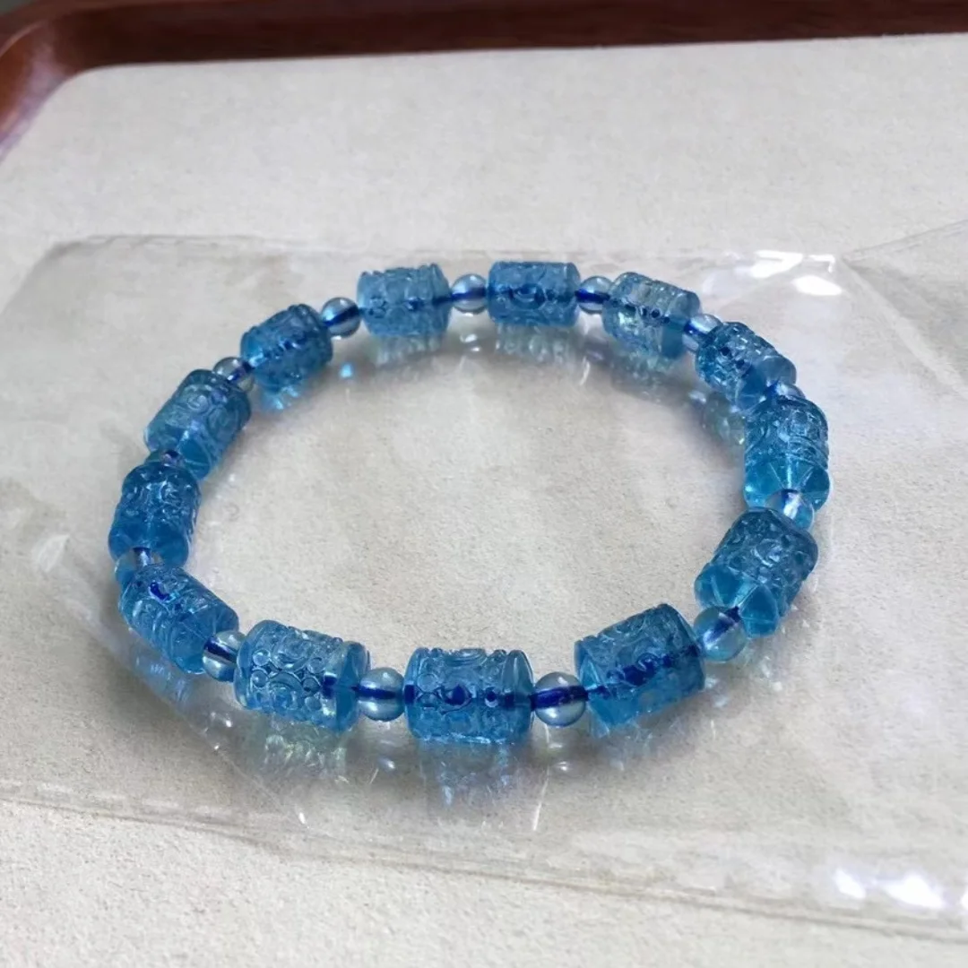 Natural Blue Aquamarine Carved Clear Barrel Beads Bracelet Women 10*7.5mm Stretch Brazil Aquamarine Bracelet Jewelry AAAAAA