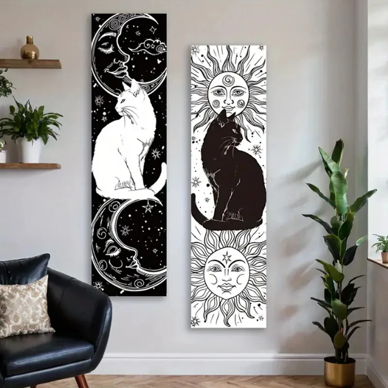 Schwarz-weißer Kunst-Wandteppich der Marke VIKAMA mit Katzen- und himmlischen Motiven, retro-böhmischer dekorativer Wandbehang