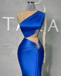 Elegant Royal Blue Prom Gowns Rhinestone Appliques Long Sleeves High Neck Arabic Evening Party Dresses Custom Robes De Soirée