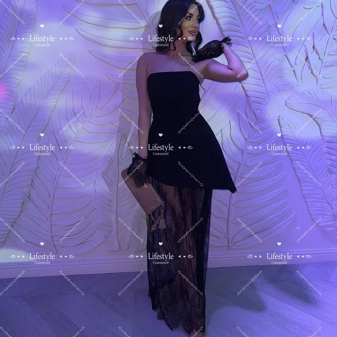 

Customized Black Strapless Sexy Prom Dress 2025 Vintage Lace Print Evening Dress for Red Carpet Cocktail Party Sleeveless