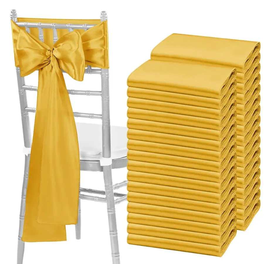 

120 PCS Gold Satin Chair Sashes Bows Universal Chair Cover for Wedding Reception Restaurant Event Decoration Banquet,Party,Hotel