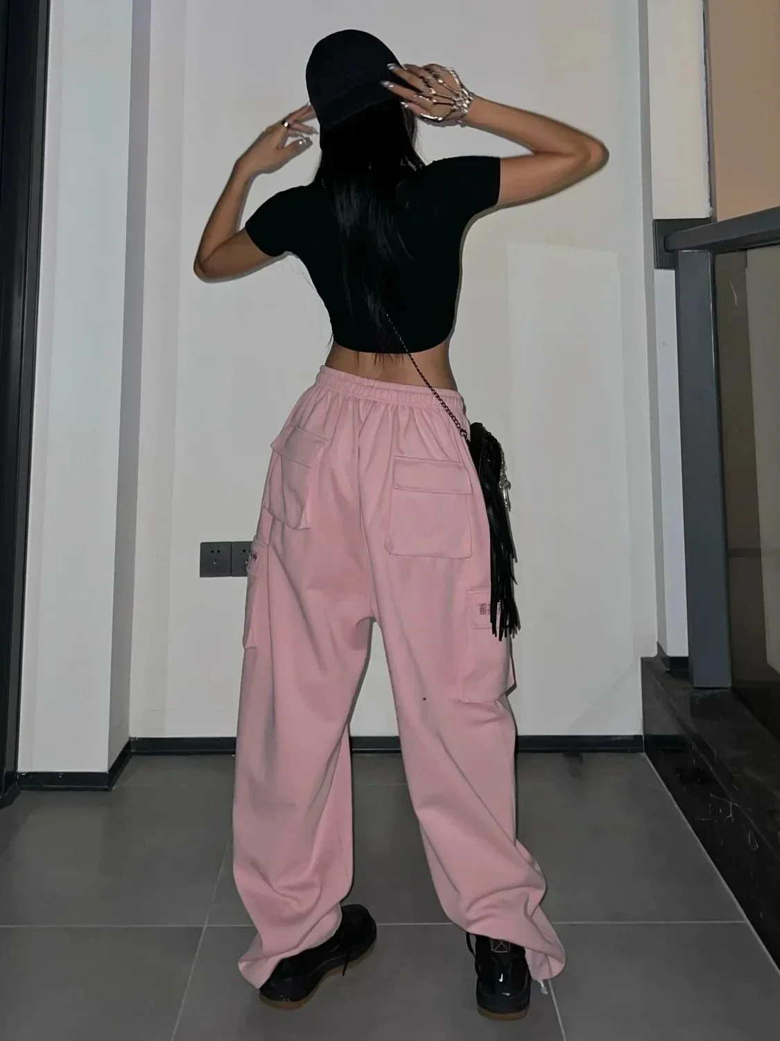 Y2K Pink Cargo Pants Women Kpop Style Streetwear Wide Leg Sweatpants Oversized Korean Fashion Hip Hop Jogger Trousers