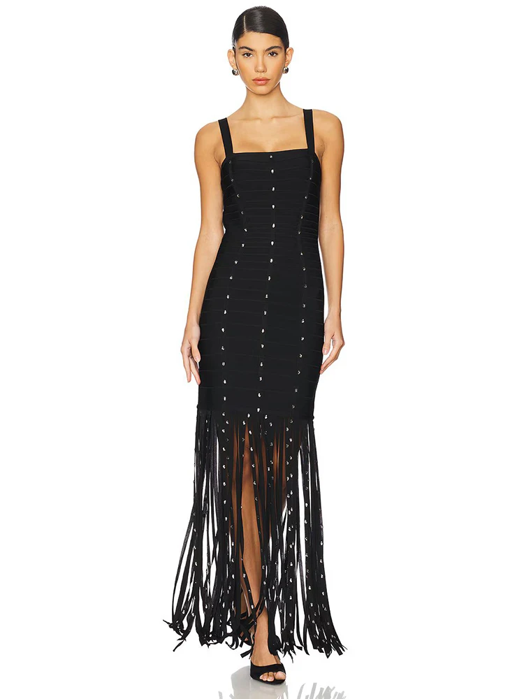 

Evening Party Black Diamond Tassel Spaghetti Straps Long Dress Backless Sleeveless Fringed Patchwork Bodycon Gowns