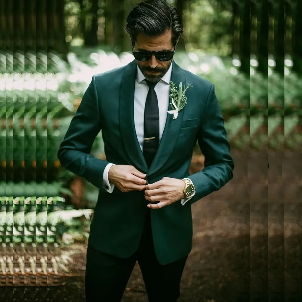 

Dark Green Men Suit Blazer Costume Hombre Single Breasted Shawl Lapel 2 Pieces Jacket Pants Slim Fit Set