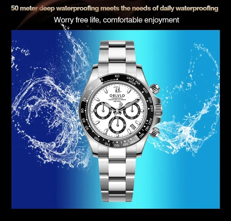 OBLVLO ساعة كرونوغراف للرجال 40 ملم ساعة يد كوارتز عتيقة 50 متر مقاومة للماء ياقوت مضيئة نوافذ ثلاثية #3