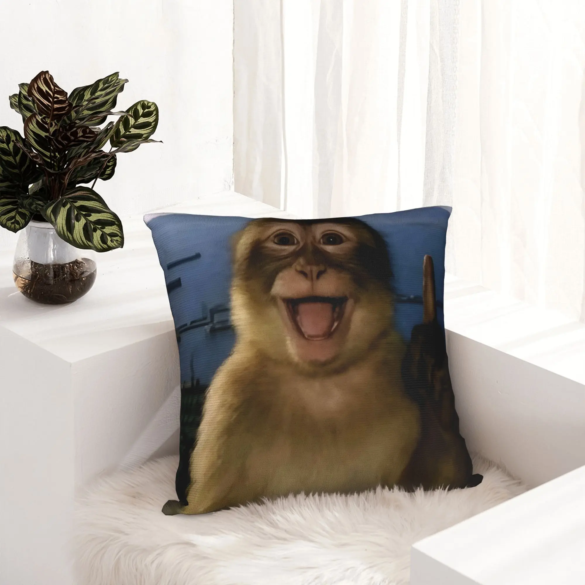 Funny Thinking Monkey Meme Curious Ape Brainrot Gift Pillowcase Cushion Cover Decoration  Pillow Case Cover Bedroom Square 18''