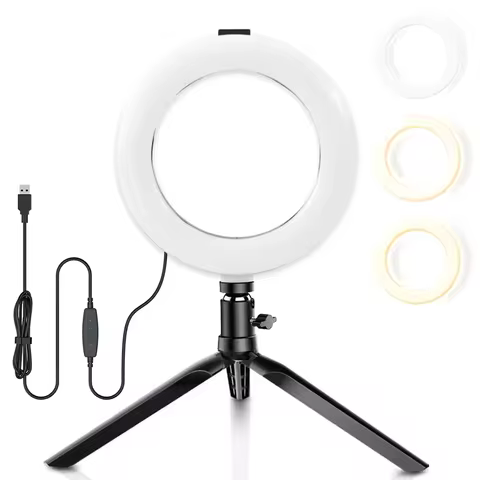 Luz de Anel para Mesa 16cm, LED Regulável com Tripé Ajustável e Interface USB para Vídeo, Transmissão ao Vivo e Maquiagem