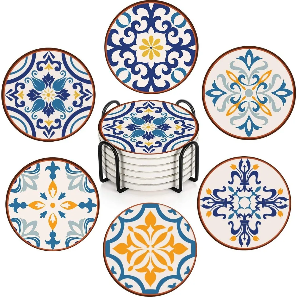 

Набор из 6 подставок для напитков, цветной керамический коврик Talavera Flower Vintage, впитывающий круглый керамический каменный коврик, с пробковой основой и металлом
