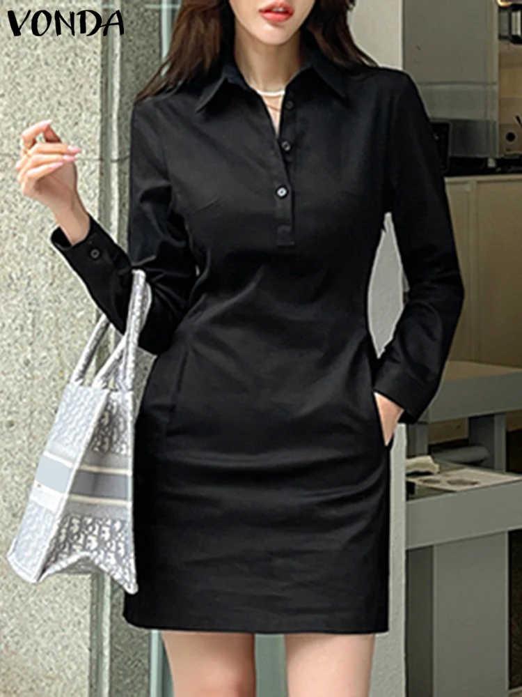 Women Long Sleeve Mini Dress 2024 VONDA Summer Sundress Elegant Solid Color Casual Loose Buttons Pockets Short Vestidos — zdjęcie 4
