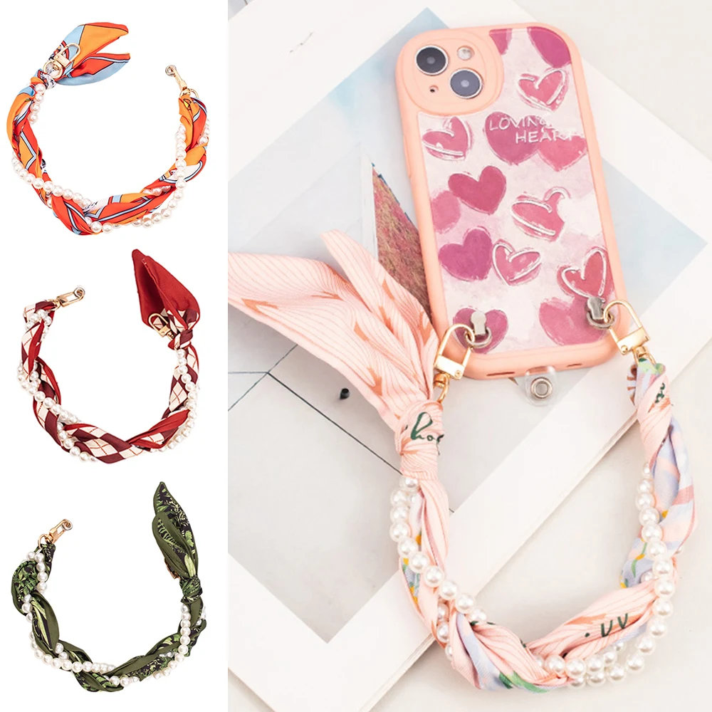 Woven Wristband Short Hanging Chain Portable Style Mobile Phone Lanyard Silk Scarf Pearl Phone Case Chain Fashion Bag Pendants