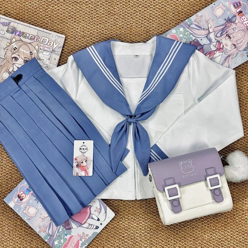 

JK Genuine Blue Three-book Sailor Suit Uniform JK Basic College Style Orthodox School Uniform Short Long-sleeved Japanese Suit