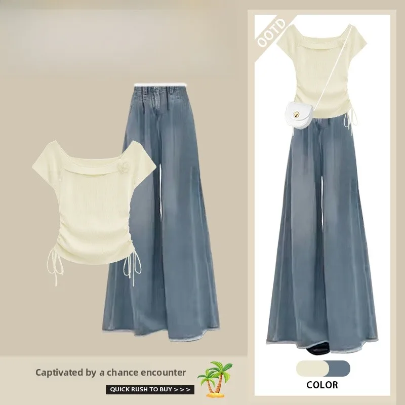 여성용 패셔너블 2025 신상 오르트 스웨이드 스트링 탑과 슬리밍 진 투피스 세트 클레테 앙상 폴리에스터 섬유