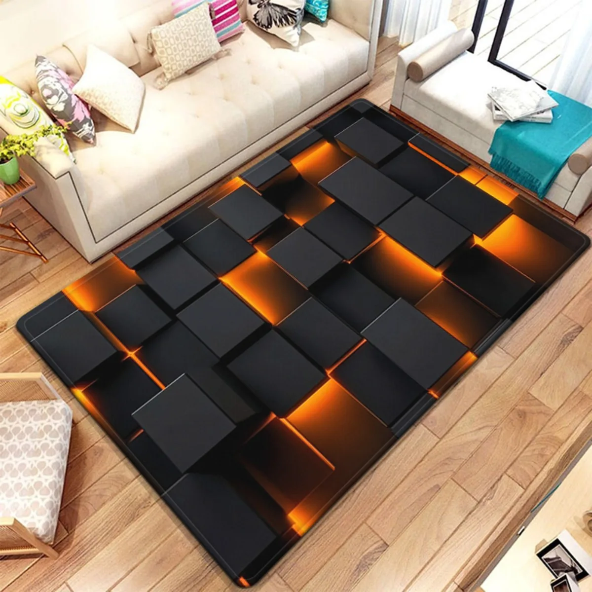 3D print Glowing Orange Carpet Black Cube Rug Modern Living Room Coffee Table Floor Mat Matrix Geometric Illusion Home Doormat