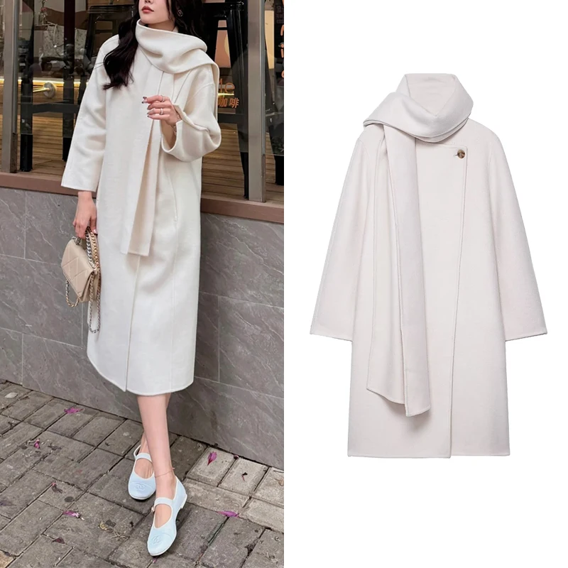 

2025 Autumn And Winter New Women Coat Jacket Handmade Wool Blend White Elegant Scarf Collar Single Button Detail Warm Daily